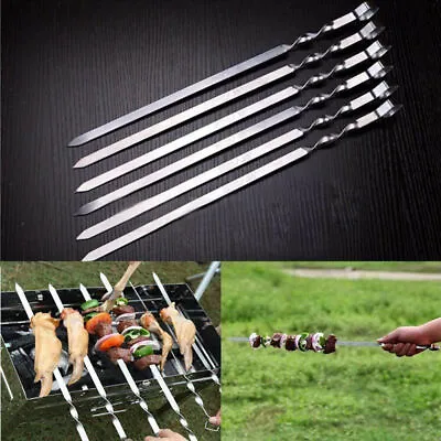 6PCS BBQ Barbecue Steel Grilling Kabob Kebab Flat Skewers Needle 50cm New • £7.99