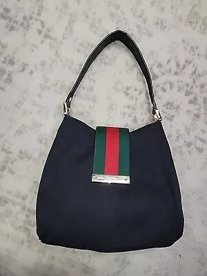 Gucci Auth GG Canvas Leather Medium Hobo Bag Web Monogram Runway RARE BLACK • $600