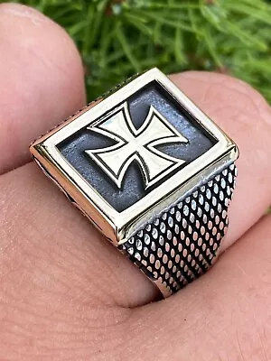 Mens 14k Gold Plated Solid 925 Sterling Silver German Maltese Iron Cross Ring • $52.18