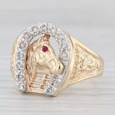 0.20ctw Diamond Horseshoe Horse Ring 14k Gold Size 11.5 Western Lab Created Ruby • $799.99