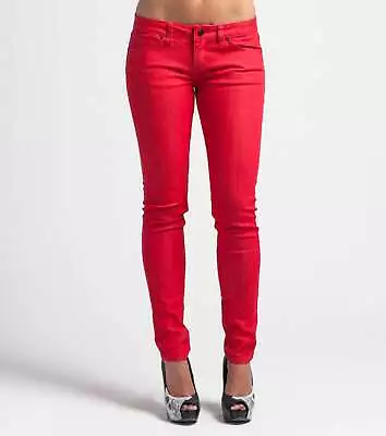 $95 METAL MULISHA Skinny Jeans In Sinful Inferno RED Pants Moto Punk Goth SIZE 9 • $69.99