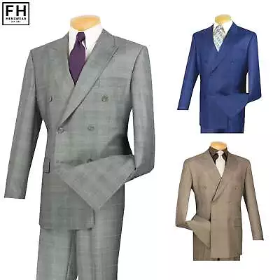 VINCI Men's Glen Plaid Double Breasted 6 Button Classic Fit Suit NEW • $120