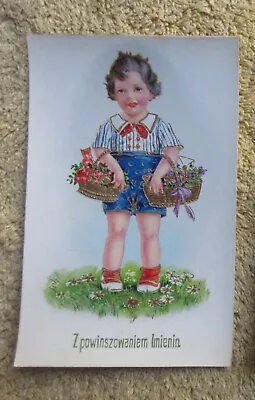 Vintage Nos Little Girl With Flower Baskets- Happy Name Day Postcard • $12.99