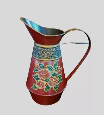 Vintage Red Toleware Pitcher Folk Art Hand Painted Metal Watering Can 12 In Tall • $26.90