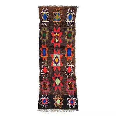 Moroccan Handmade Vintage Rug 2'6x7'2Berber Geometric Brown & Red Cotton Carpet • $240