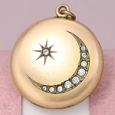 Antique Victorian Crescent Moon Star Paste Rose Gold Filled Pendant Locket • $265