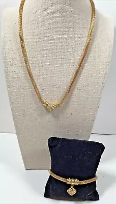 Gold Tone Mesh Necklace/Bracelet Set Rhinestone Heart Magnetic Clasp • $14.99