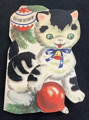 Vintage Die Cut Cat Black & White Kitten Christmas Greeting Card Flocked Nephew • $2.90