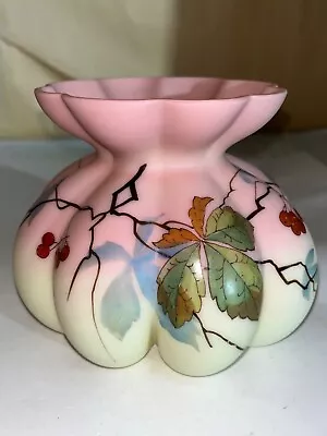 Mt Washington Burmese Art Glass Decorated Vase-Hawthorn W/Berries-Victorian • $425