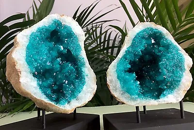 Large Geode Crystal Quartz Specimen Open Geode Pair W/Stands Morocco Blue Geode. • $26.99