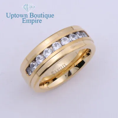 CZ Micro Paved Wedding Engagement Men's Gold Plated Stainless Steel Ring Band#GG • $13.99