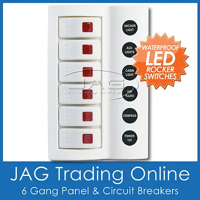 6 Gang White Deluxe Led Rocker Switch Panel & Circuit Breakers - Boat/marine/rv • $104.95