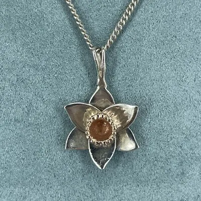 CLOGAU Sterling Silver & Rose Gold Marie Curie Daffodil Pendant Necklace 20'' • £110