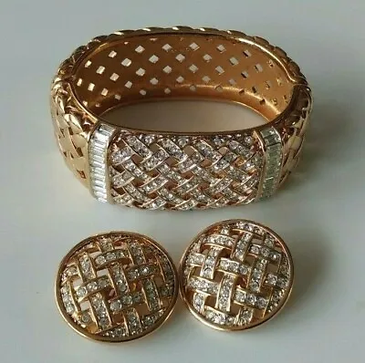 S.A.L. Swarovski Hinged Bracelet With Rhinestones Clamper Clip On Earrings Set • $125