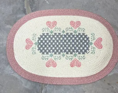 Vintage Rug Oval Braided Farmhouse Country Cottage Pink Hearts Blue 29 X 20 • $23.09