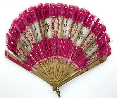 $100 • Buy Antique French Sequined Pink Lace Fan W/ Carved Gilt Sandalwood Sticks