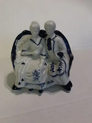 Figurine~Porcelain Colonial Blue/White Figures Beloved Couple Sitting On Couch • $6