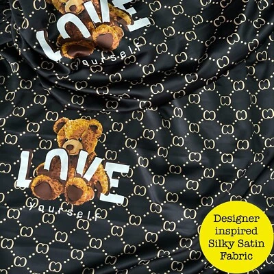 £1.99 • Buy Silky Satin Fabric Designer Inspired Gucci  LOVE  Teddy Print Dress 60  - BLACK