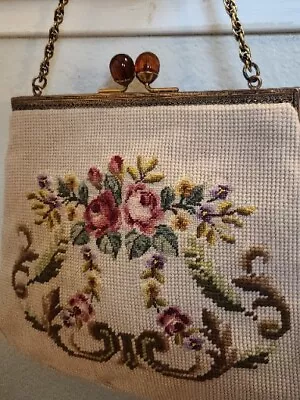 I Magnin Needlepoint Wool Large Purse Hand-Stitched Floral Design  Amber Clasp • $65.88