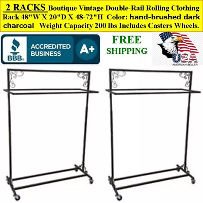 2 RACKS Boutique Vintage Black Dble Rail Rolling Clothing Rack Capacity 200 Lbs • $313.90