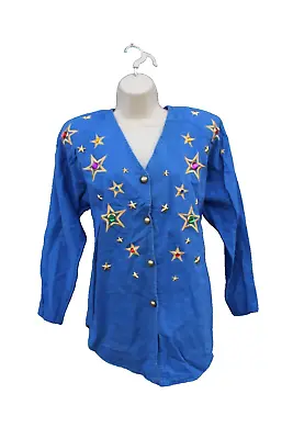 Bingo! Bingo! Shirt Womens Size M Blue Denim Embellish Gems Stars Button 80s VTG • $24.91