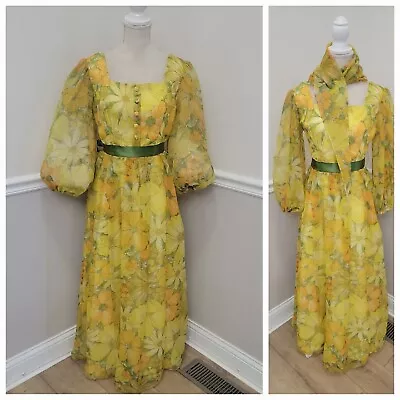 VTG Hostess Floral Chiffon Maxi Dress/ Long Sheer Sleeves/Scarf  • $69.99