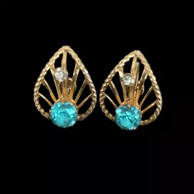 Van Dell 12kt Gold Filled Signed Blue Rhinestone Earrings Openwork Filigree VTG • $22