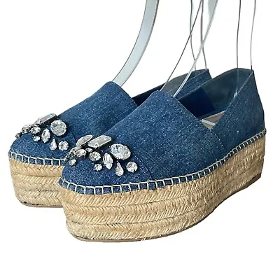 MIU MIU Blue Denim Fabric Crystal Embellished Platform Espadrille Flats 36.5 • $349.99