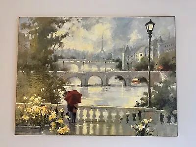 Parisian River Seine And Eiffel Tower Scene Print Laid On Canvas ‘Paris Mist’ • £15