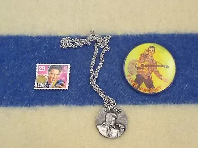 3 Item Vintage Collectible Elvis Presley Memorabilia Lot/ Medallion/Button/Stamp • $29.99