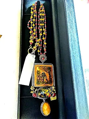 Amy Kahn Russell 82.70t Antique Collector Painting Necklace SS/Brass Multi-Gem • $1395