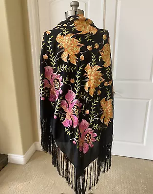 Antique Black Silk Piano Scarf Shawl Wrap 55  X 55  Embroidered Lilies Fringe • $250