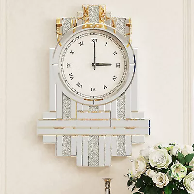 Wisfor Sparkly Silver Roman Numeral Clock Clock Crystal Wall Mirror Diamond Deco • $105.90