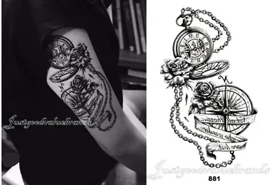 Sailor Compass Rudder Anchor Pocket Watch Clock Rose Jewel Temporary Tattoos • £3.50
