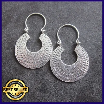 Fine Silver Earrings 925 Sterling Hoop Curve Mayan Art Vintage Jewelry Fashion • $19.32