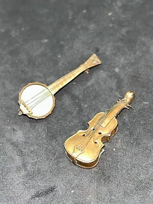 Miniature Vintage Violin And Banjo Brooches Wire Strings Gold Tone Mop 3418jb • $25