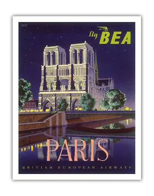 Paris Notre Dame Cathedral - BEA Vintage British European Airways Travel Poster • $15.98