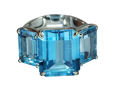 H. STERN SOLID 18K WHITE GOLD 13 TCW EMERALD CUT BLUE TOPAZ RING Sz 7 • $2800