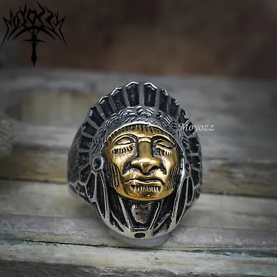 £10.79 • Buy Mens Gold Plated Biker Indian Chief Head Ring Stainless Steel Size 7-16 Gift