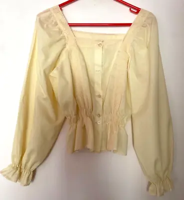 Vintage 70s M&S Cream Lace Trim Balloon Sleeve Buttoned Peplum Milkmaid Top 10 • £19