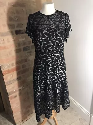 MARKS & SPENCER Uk 12 BLACK SILVER LACE TIERED Asymmetrical Hem Dress • £7