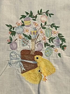 Vintage Easter Tablecloth 65” Round Gorgeous Embroidered Chicks Eggs Colors • $14