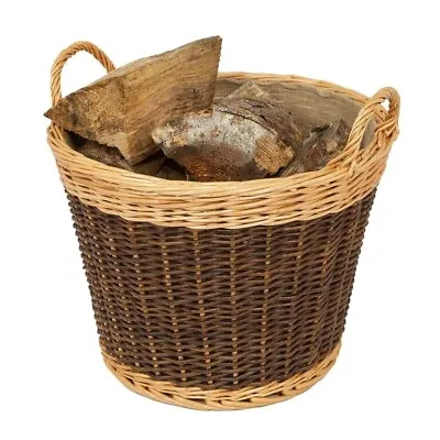 Handmade Wicker Two Tone Round Log Basket With Rustic Jute Liner • £24.99