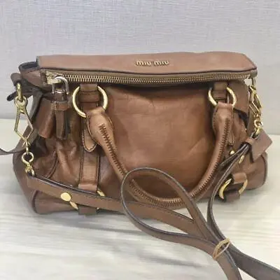 Auth Miu Miu Handbag 2Way Shoulder Bag #3701 Brown Leather Bow Ribbon • $213