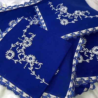 Vintage Napkins Set Navy Blue White Flowers Embroidered Floral Cottagecore Set 8 • $35