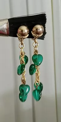 Vintage Clip On Earrings Signed Monet Gold Chains Green Glass Dangling Hearts • $15.99