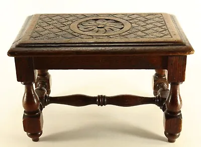 = SUPERB 1880's High Victorian Carved Oak Food Stool Small Bench On Turned Feet • $175