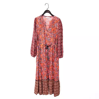 NEXT Boho Tiered Midi Maxi Dress Long Sleeve Coral Red Pink Floral - Size 12 • £25