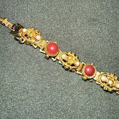 Vintage Gold Tone And Faux Pearl Link And Garnet Bracelet 7  • $16.75