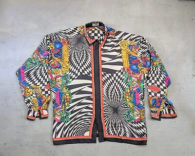 Gianni Versace Silk Shirt Baroque Men 48 Medium Checkered Designer Luxury Italy • $500